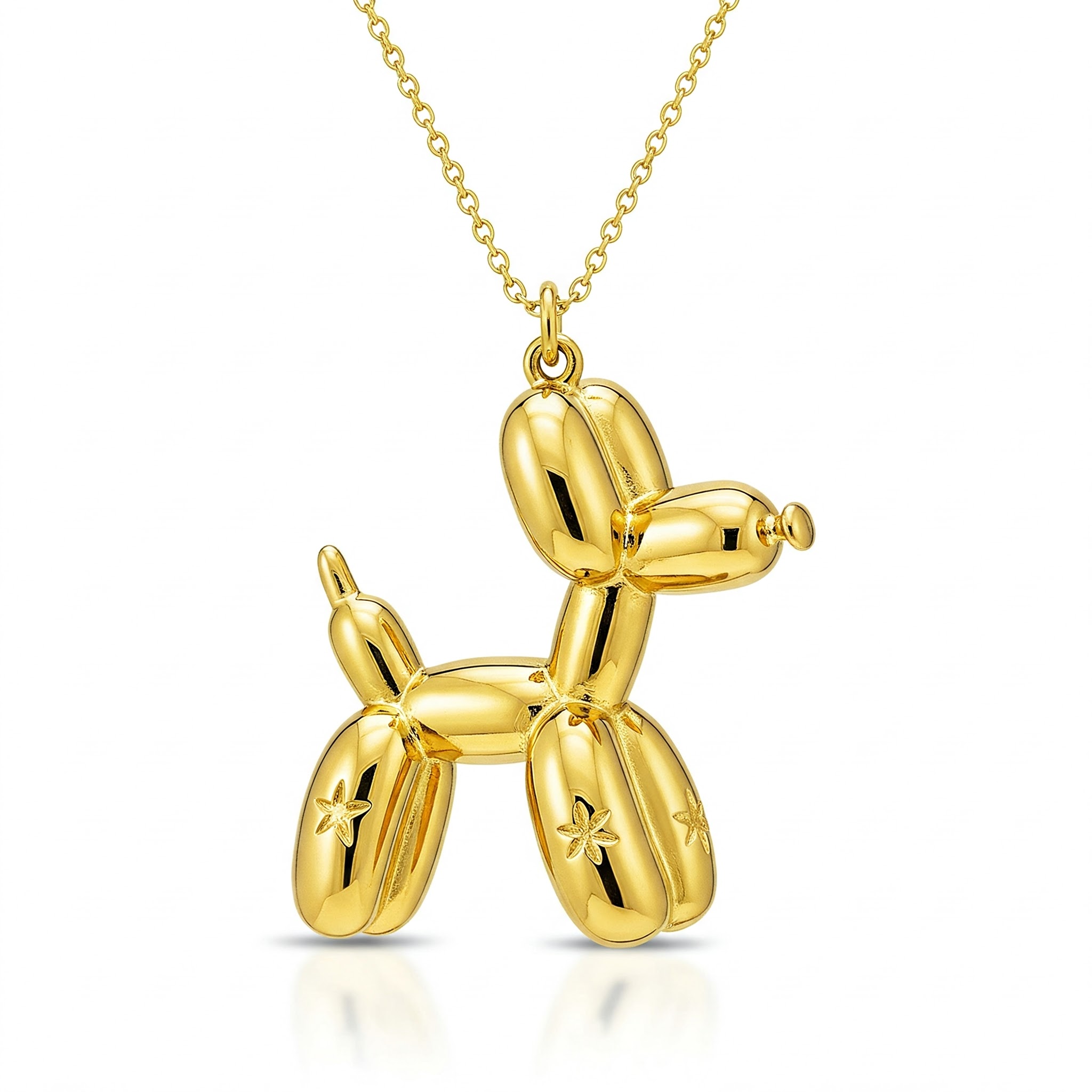 Gold Balloon Dog Pendant Necklace - Stainless Steel with Star Engravings